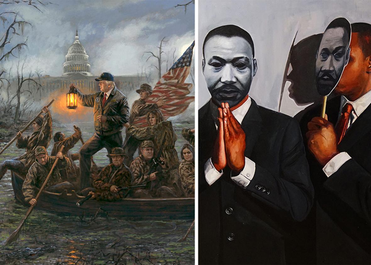 A Jon McNaughton painting depicting Donald Trump crossing a swamp à la George Washington crossing the Delaware, and a Tylonn Sawyer painting depicting black men wearing black-and-white MLK masks.