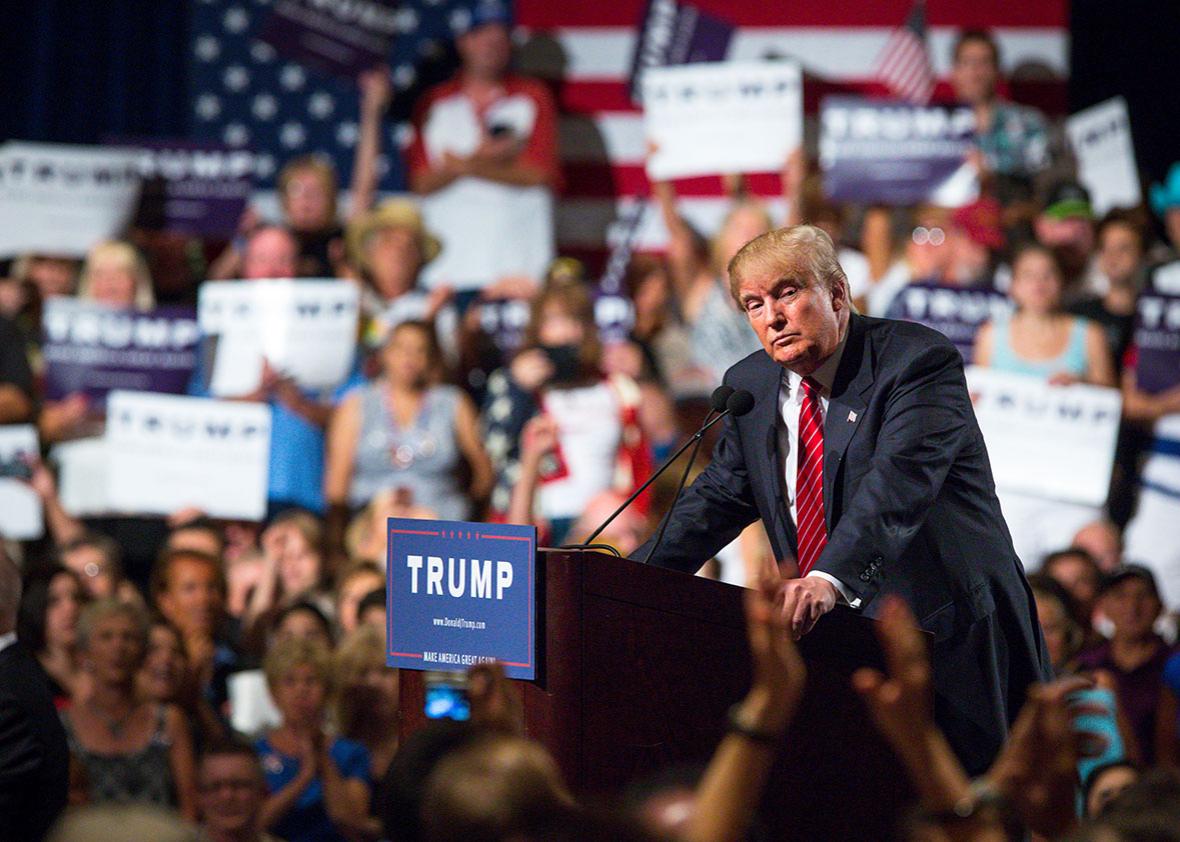 Republican Presidential candidate Donald Trump addresses support,Republican Presidential candidate Donald Trump addresses supporters.