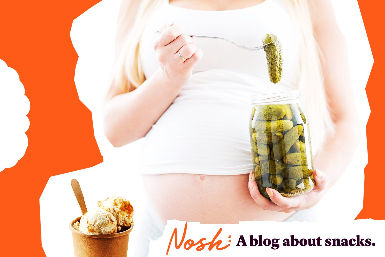 A pregnant woman eating pickles and ice cream.