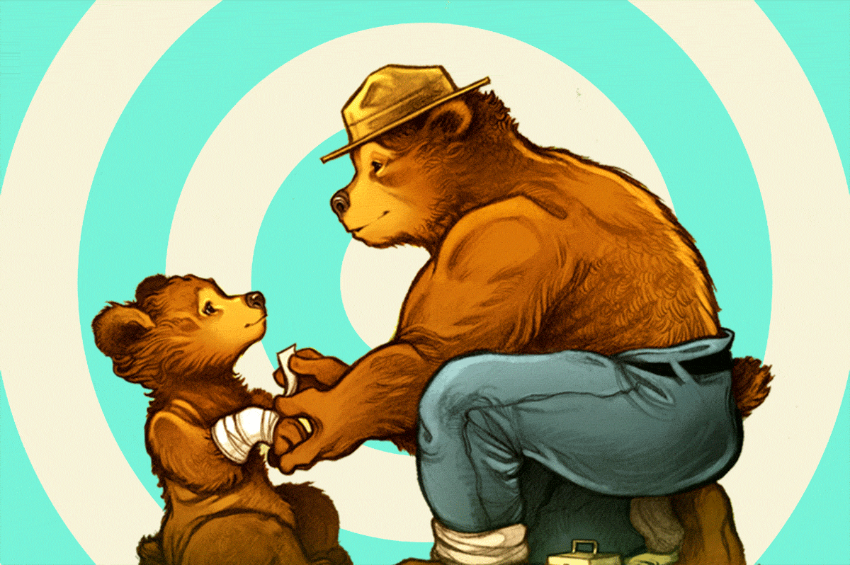 A muscular Smokey Bear attending to a cub's injury.