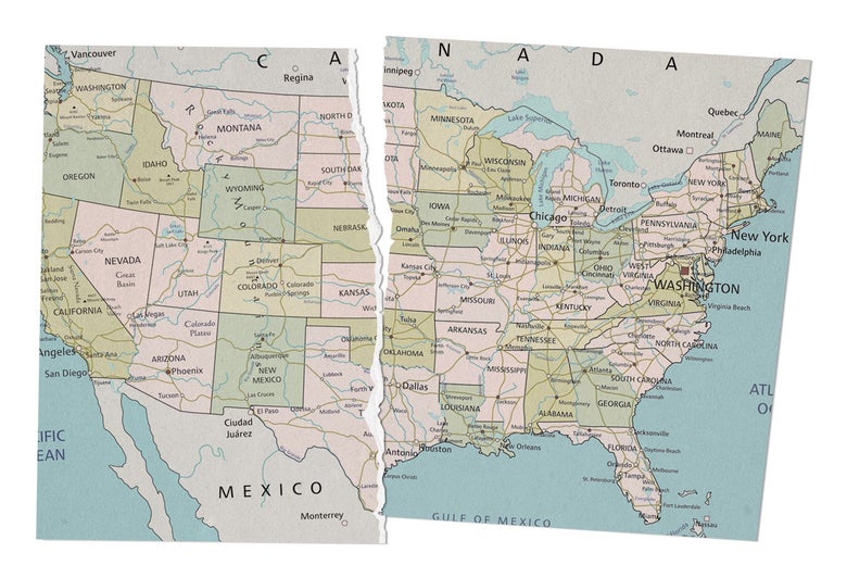 A U.S. map with a rip down the center of it from top to bottom.
