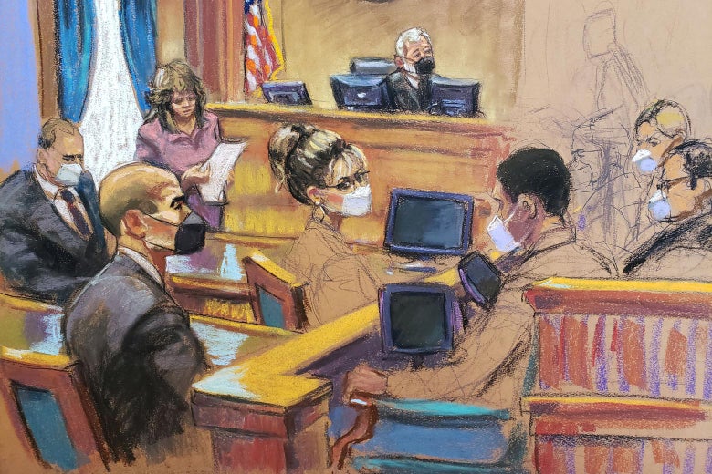 Courtroom sketch of Sarah Palin, James Bennet, judge, jury, and others seated in the courtroom