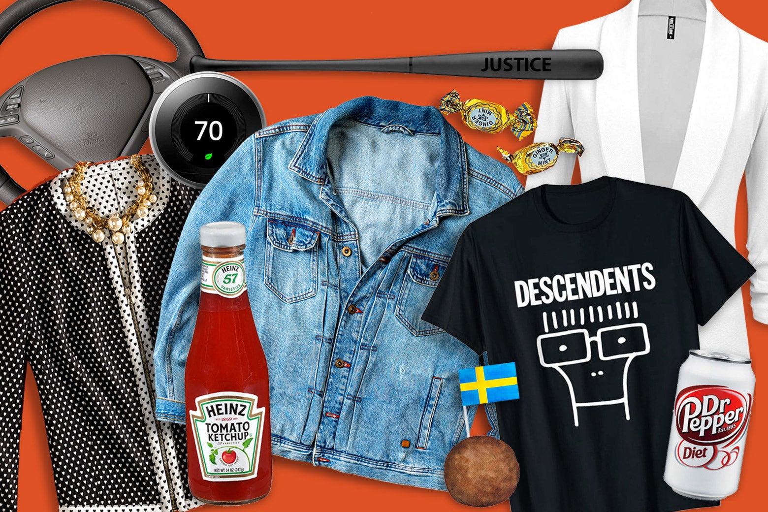 Clockwise from upper left: A collage of a steering wheel, a Nest thermostat reading "70," the JUSTICE baseball bat, two ginger mints, a white women's blazer, a can of Diet Dr. Pepper, a Descendents T-shirt, a meatball with a Swedish flag sticking out of it, a denim jacket, a glass bottle of Heinz ketchup, and a blouse with a plunging neckline and chunky pearls around it.