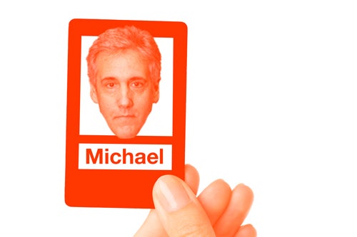 A card in the style of the "Guess Who?" game, featuring the face of Michael Cohen.