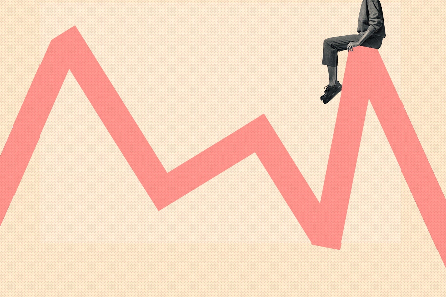 A woman sits on top of a line chart that has ups and downs.