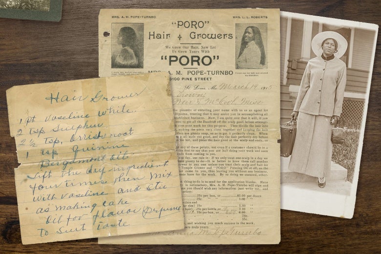 A photo collage including documents that show how to make a hair growth serum, an enrollment document to cosmetics school and a portrait of a woman holding a suitcase and wearing a wide brimmed hat