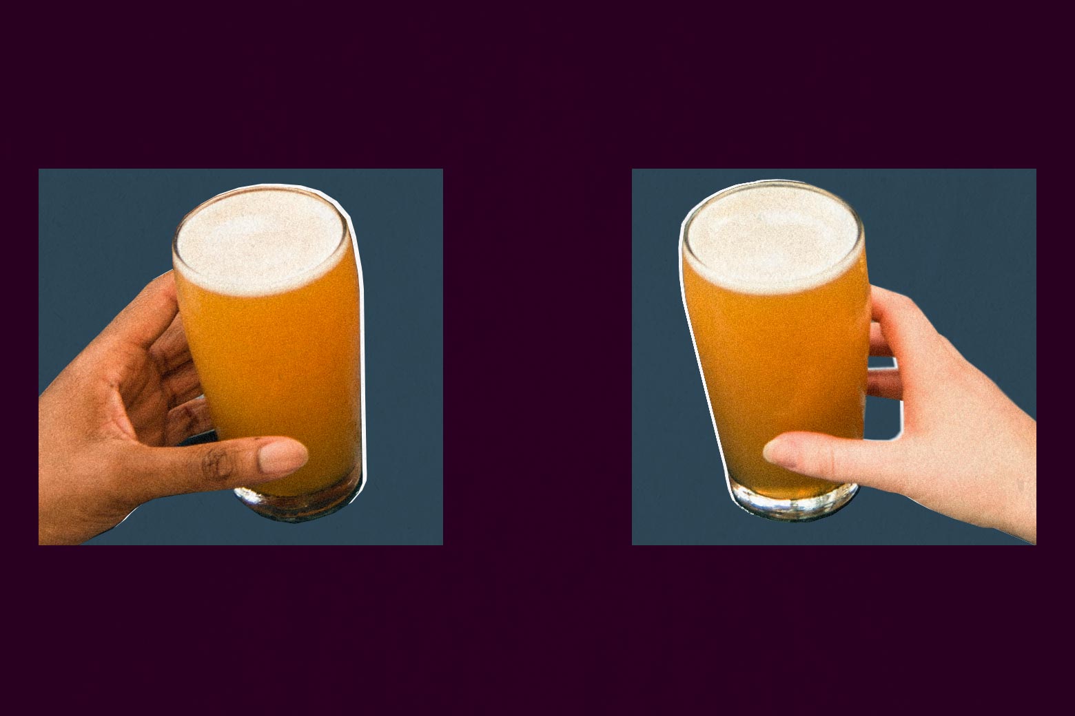 Two hands hold mugs full of beer at a distance across a table. The mugs and hands are featured in squares.