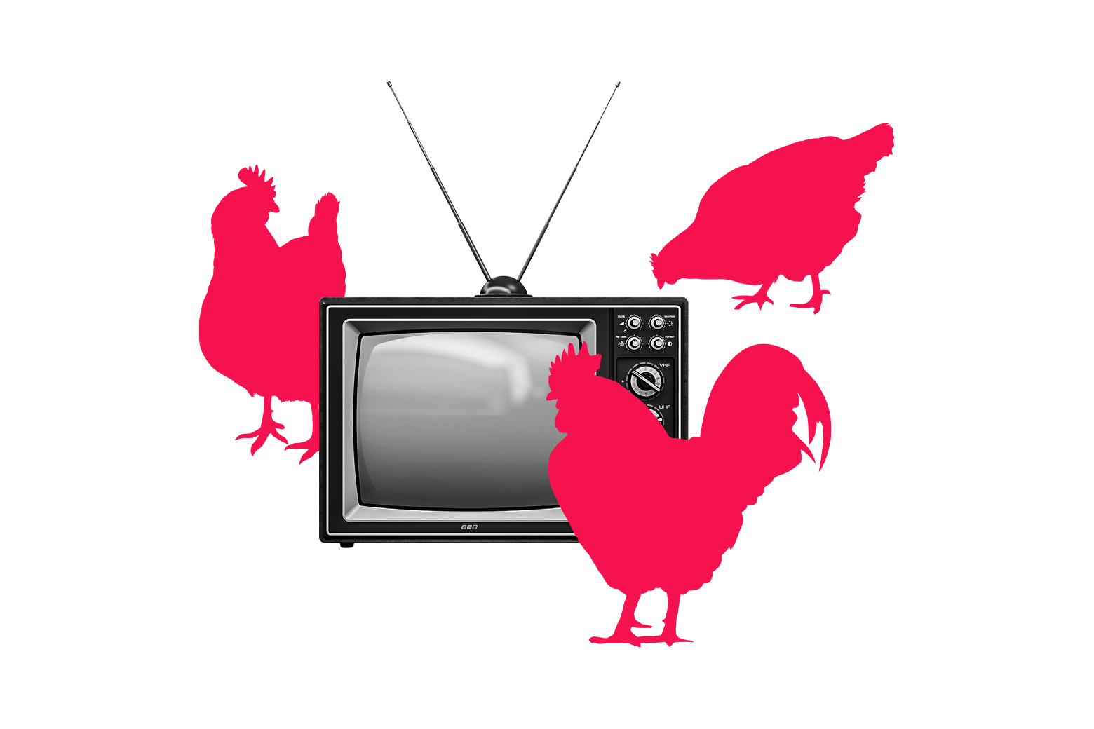 Retro TV set surrounded by chickens.