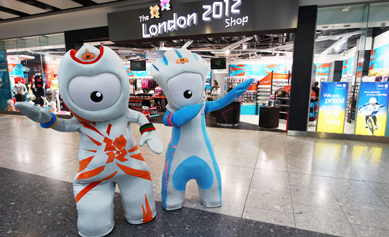 2012 mascots, Wenlock and Mandeville strike a pose outside the new London 2012 store at Heathrow Airport on March 1, 2011 in London, England.