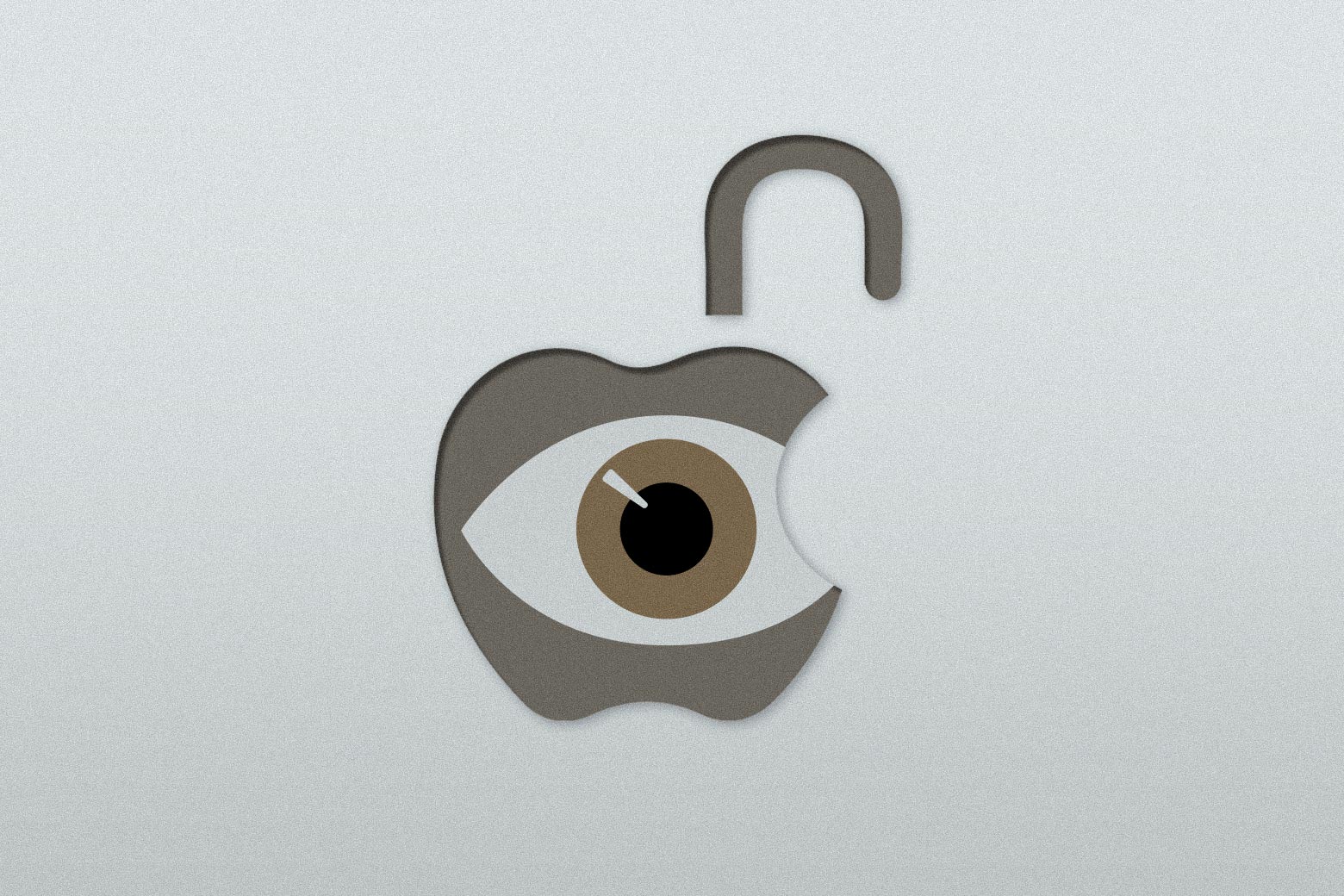 Unlocked Apple logo with a spying eye inside of it.