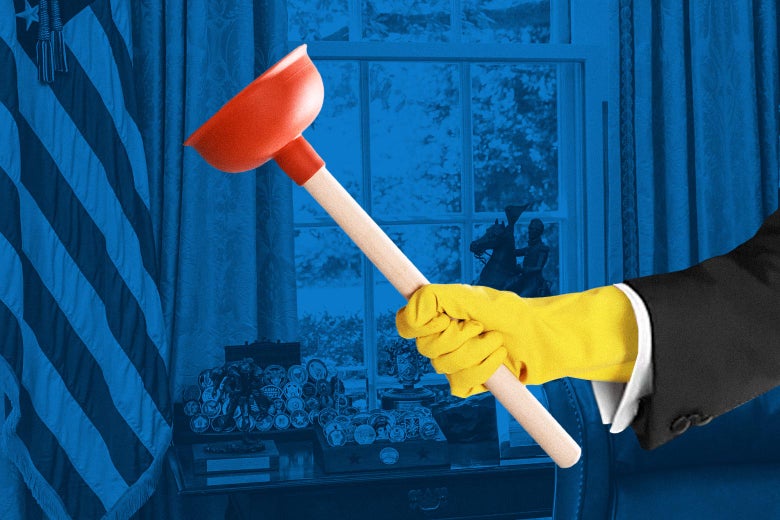 A gloved hand holds up a plunger in front of stock art of the Oval Office.