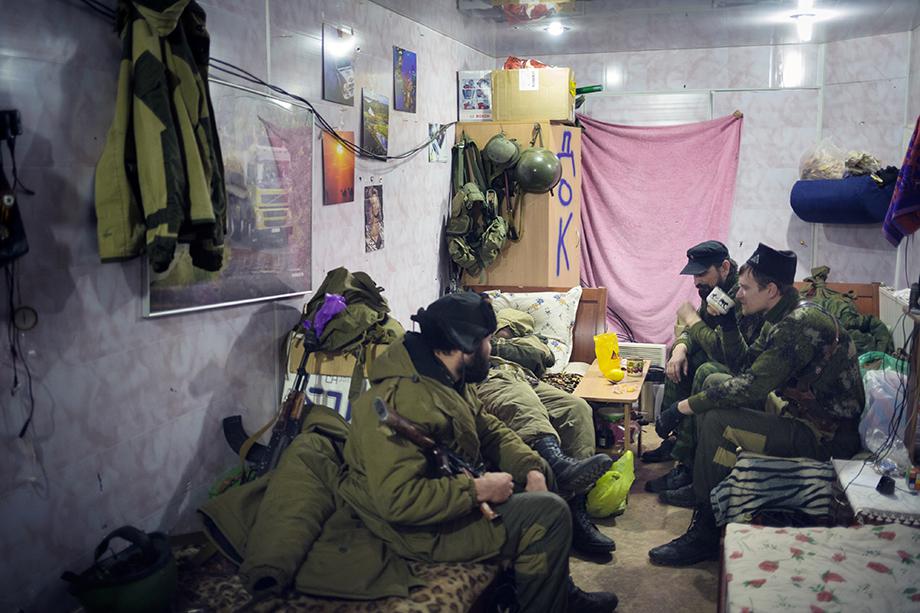 Pro-Russian rebels in a bunker at the front near the airport in December.