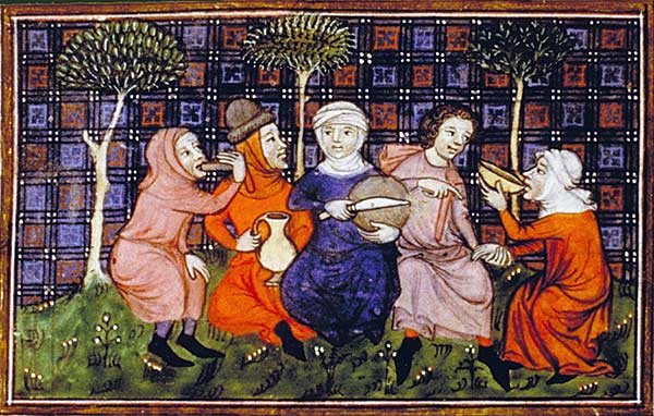 A medieval image of five peasants eating bread. 