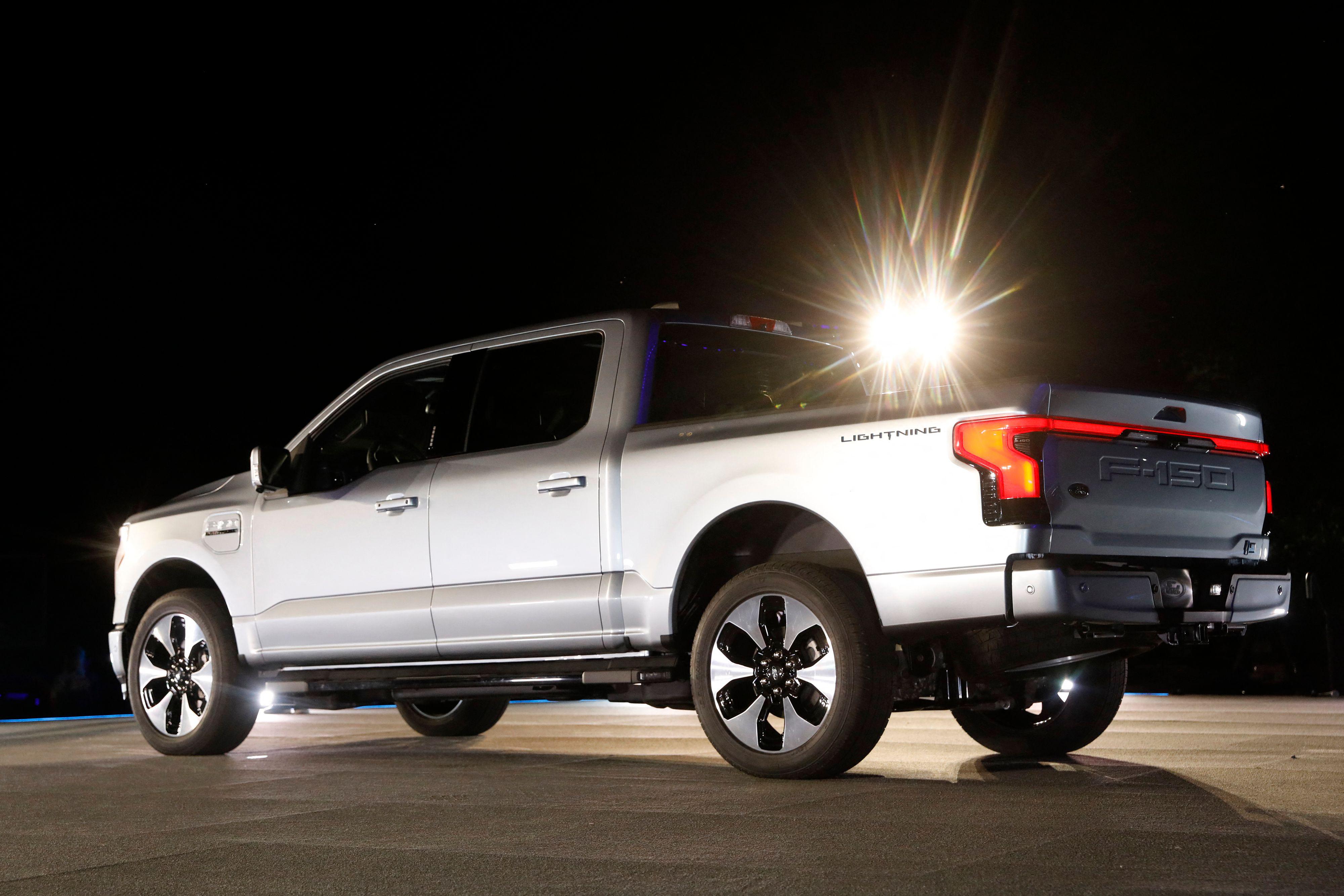 A silver Ford F-150 electric pickup truck.