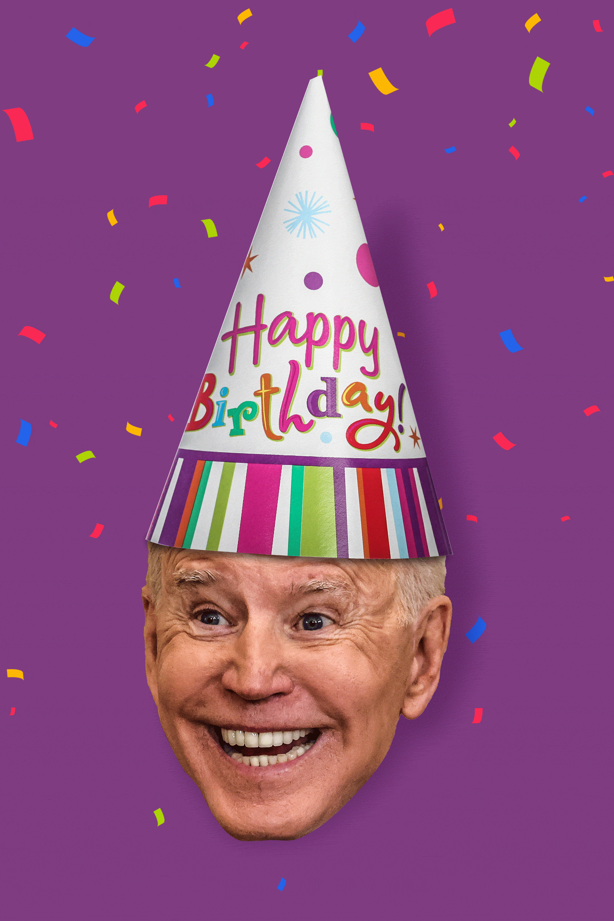 Joe Biden with a party hat that says Happy Birthday.