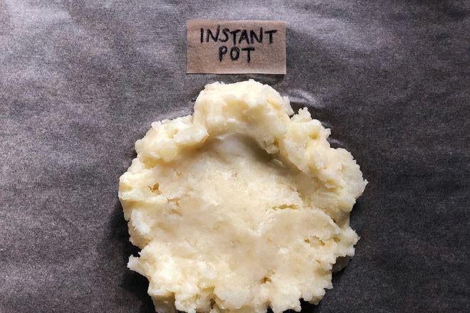 A dollop of mashed potatoes labeled Instant Pot.