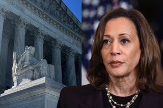 Kamala Harris side-by-side with the Supreme Court building.