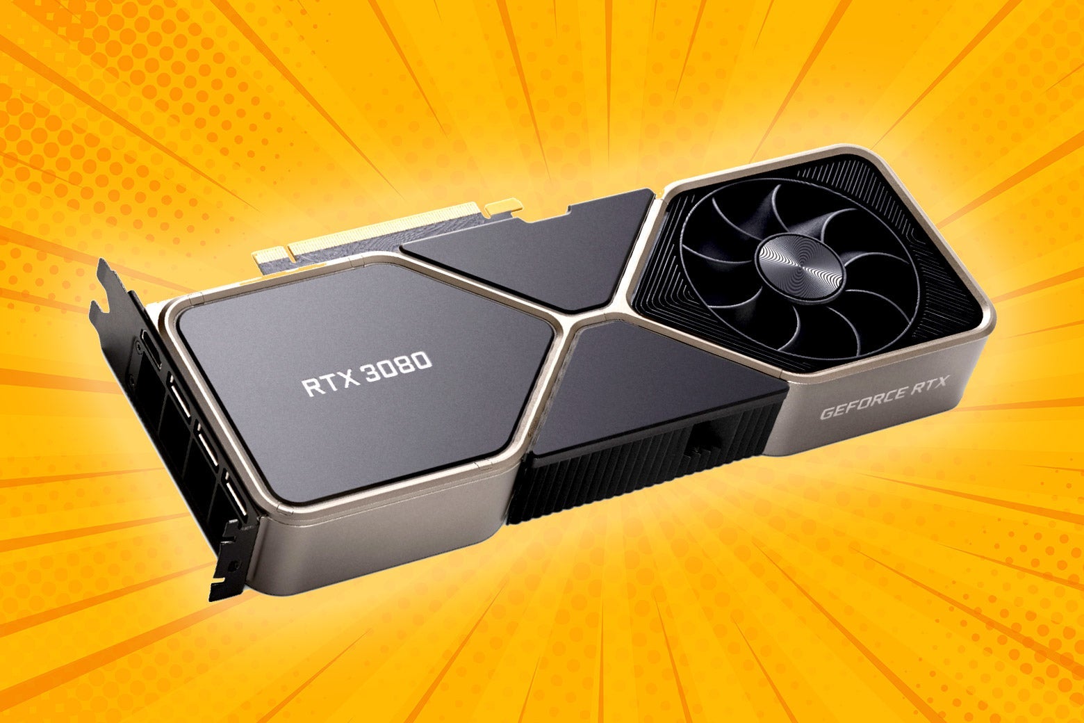 An Nvidia GeForce RTX 30 video card with a yellow starburst behind it.