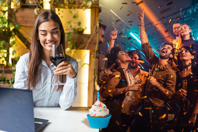 A diptych showing a woman smiling at her computer with a wine glass on one side, and a crowded club on the other. A small birthday cupcake is in between both images. 
