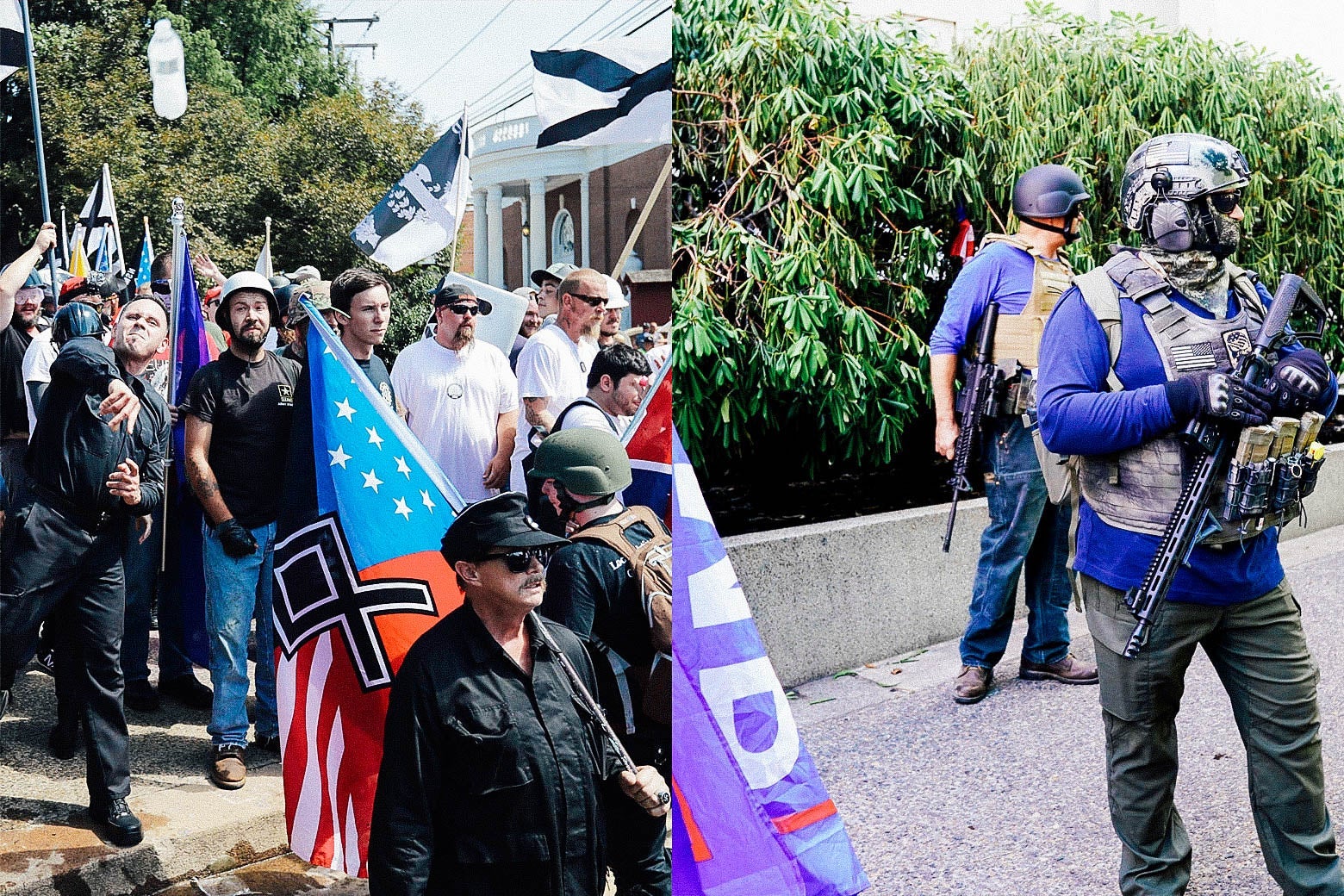 A scene from the "Unite the Right" rally in Charlottesville is seen side by side with a scene from a far-right protest in Portland.