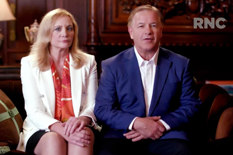 Screenshot of Patricia and Mark McCloskey sitting on a couch together