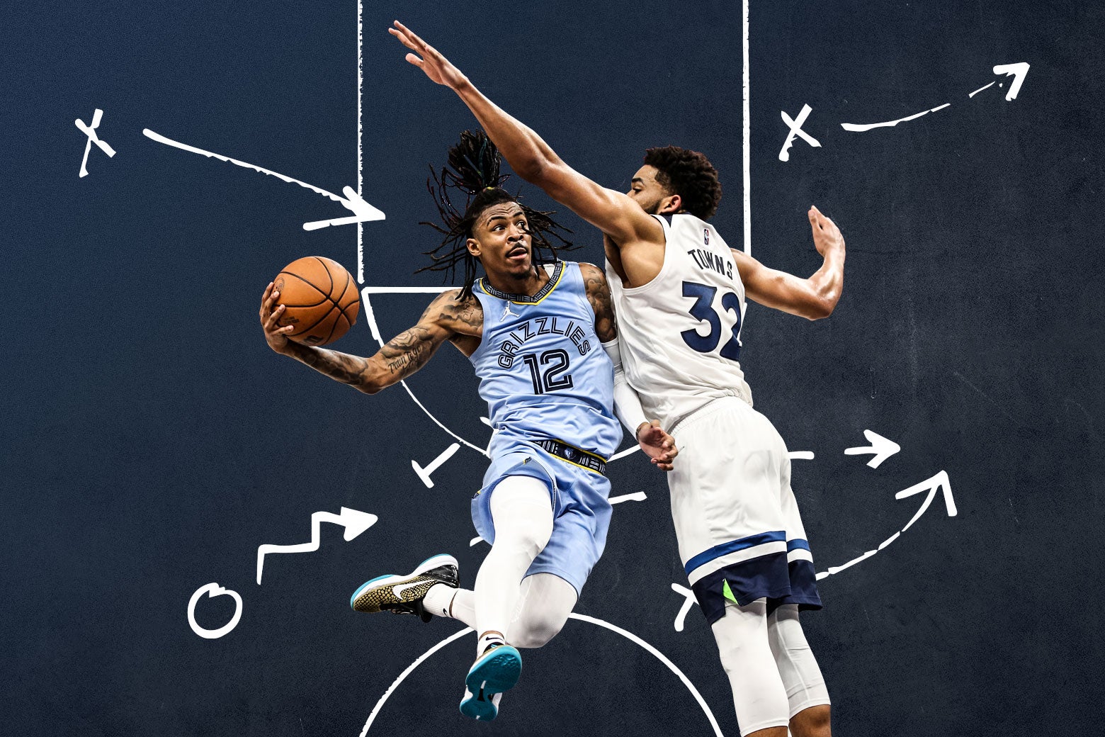 Ja Morant goes for a layup as Karl-Anthony Towns defends him with a hand up, an NBA key and an Xes and Os play illustrated behind them.