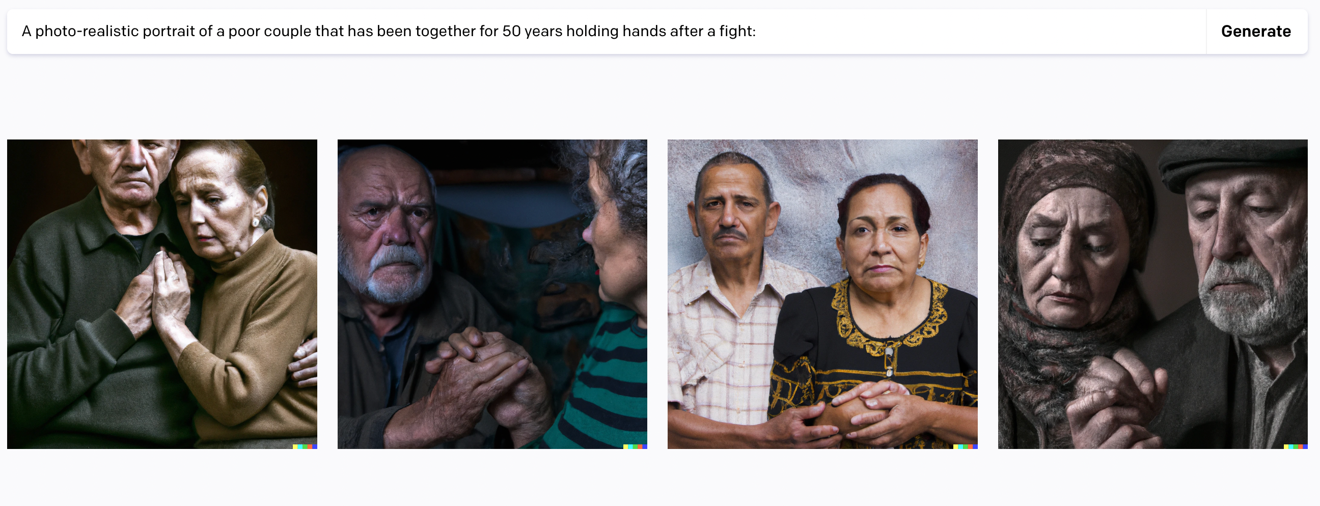 A grid of results for the prompt "A photo-realistic portrait of a poor couple that has been together for 50 years holding hands after a fight." 