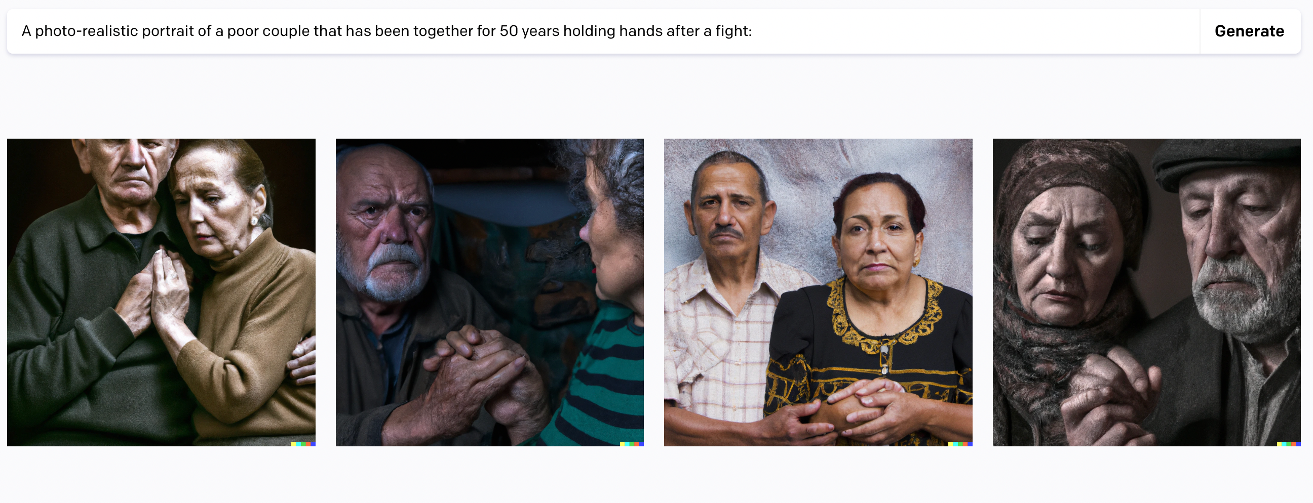 A grid of results for the prompt "A photo-realistic portrait of a poor couple that has been together for 50 years holding hands after a fight."