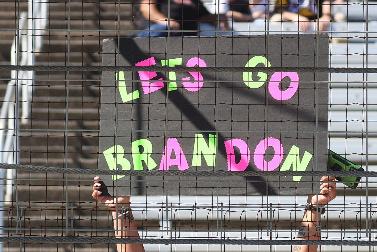 A "Lets Go Brandon" sign seen at the NASCAR Xfinity Series Andy's Frozen Custard 335. This person might actually be rooting for Brandon.