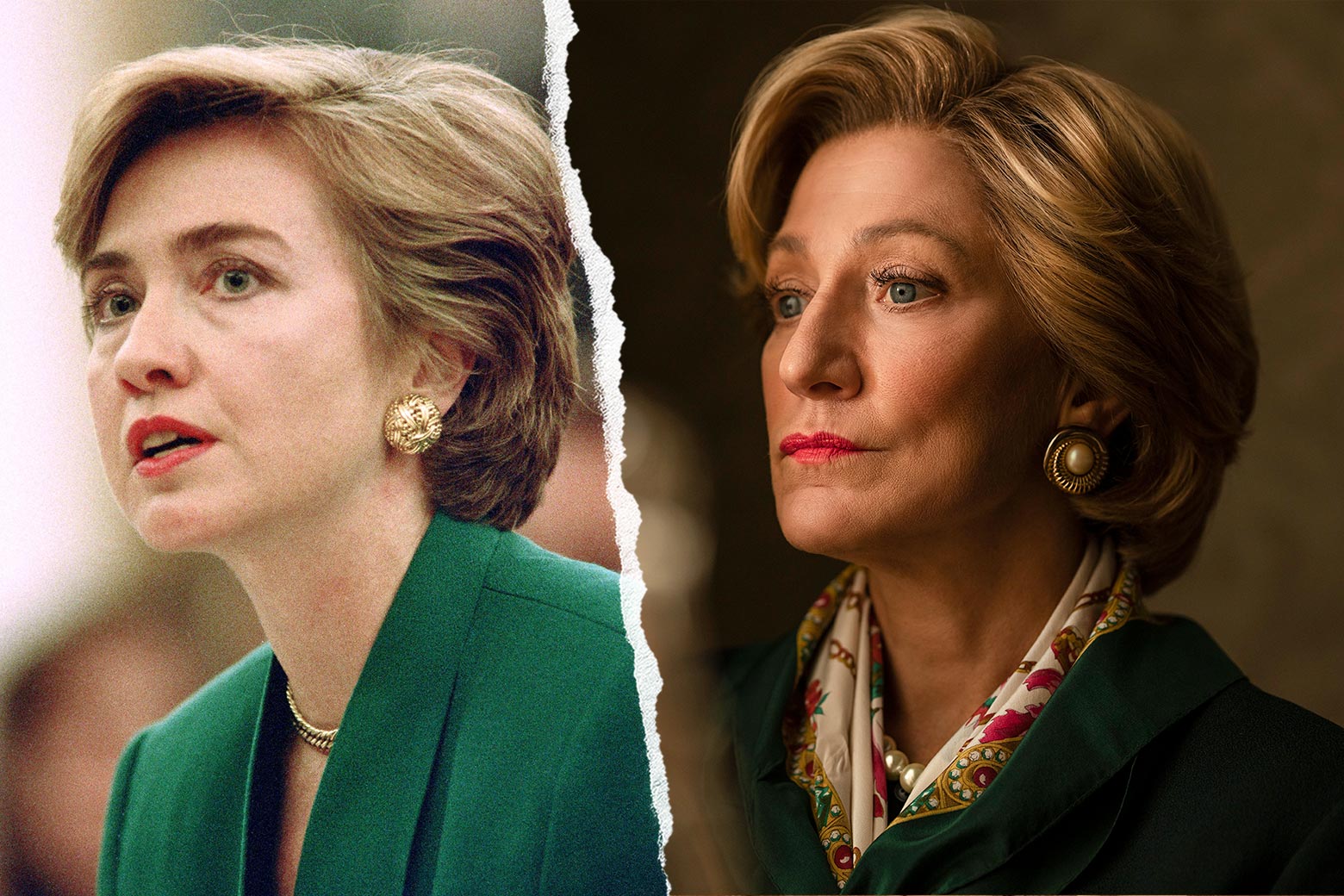 Side-by-side photos of Hillary Clinton and Edie Falco both wearing a green blazer