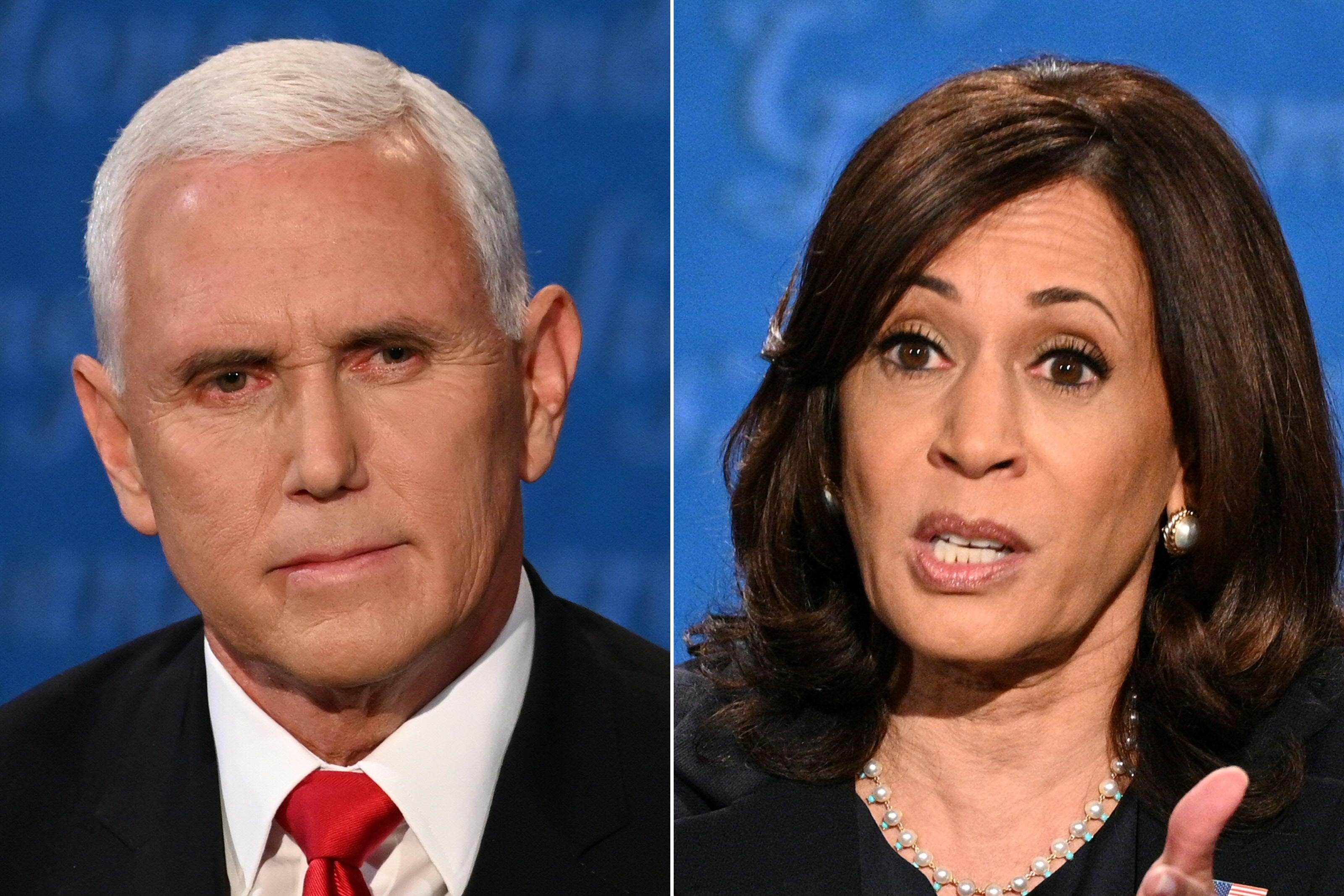 Mike Pence stares straight ahead with a grim look on his face. Kamala Harris gestures with her hands while speaking, her eyebrows raised.