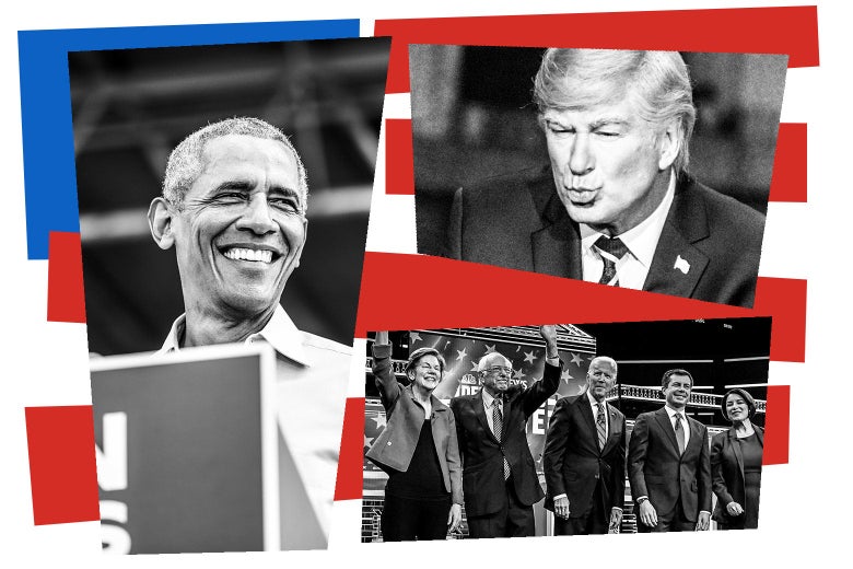 Barack Obama, Alec Baldwin as Donald Trump, and a Democratic primary debate