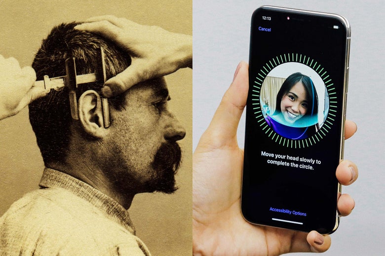 At left: Bertillon measurements. At right: Face ID on iPhone X.