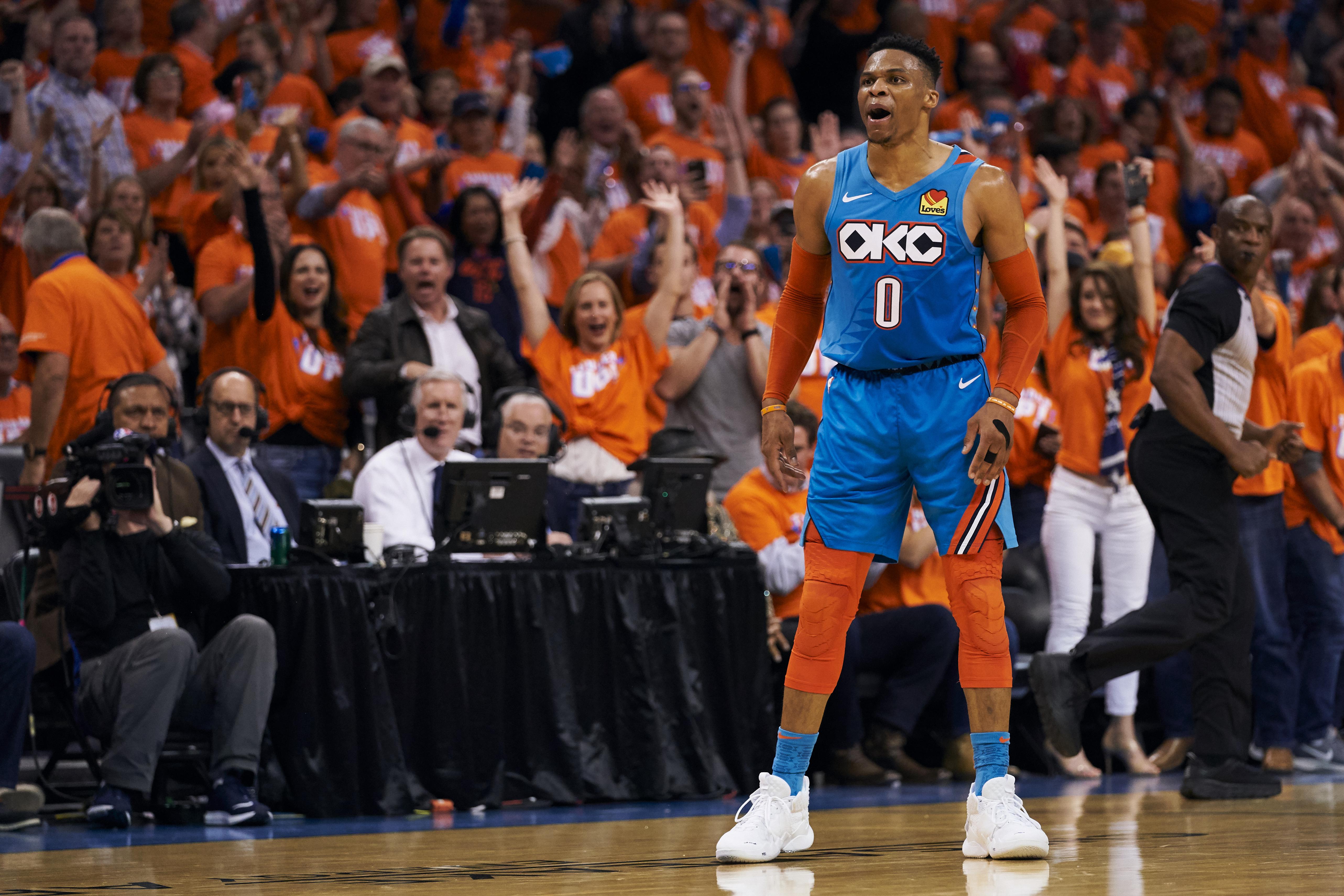 OKLAHOMA CITY, OKLAHOMA - APRIL 19: Russell Westbrook #0 of the Oklahoma City Thunder reacts after a made basket against the Portland Trail Blazers during the second half of game three of the Western Conference quarterfinals at Chesapeake Energy Arena on April 19, 2019 in Oklahoma City, Oklahoma. NOTE TO USER: User expressly acknowledges and agrees that, by downloading and or using this photograph, User is consenting to the terms and conditions of the Getty Images License Agreement.  (Photo by Cooper Neill/Getty Images)