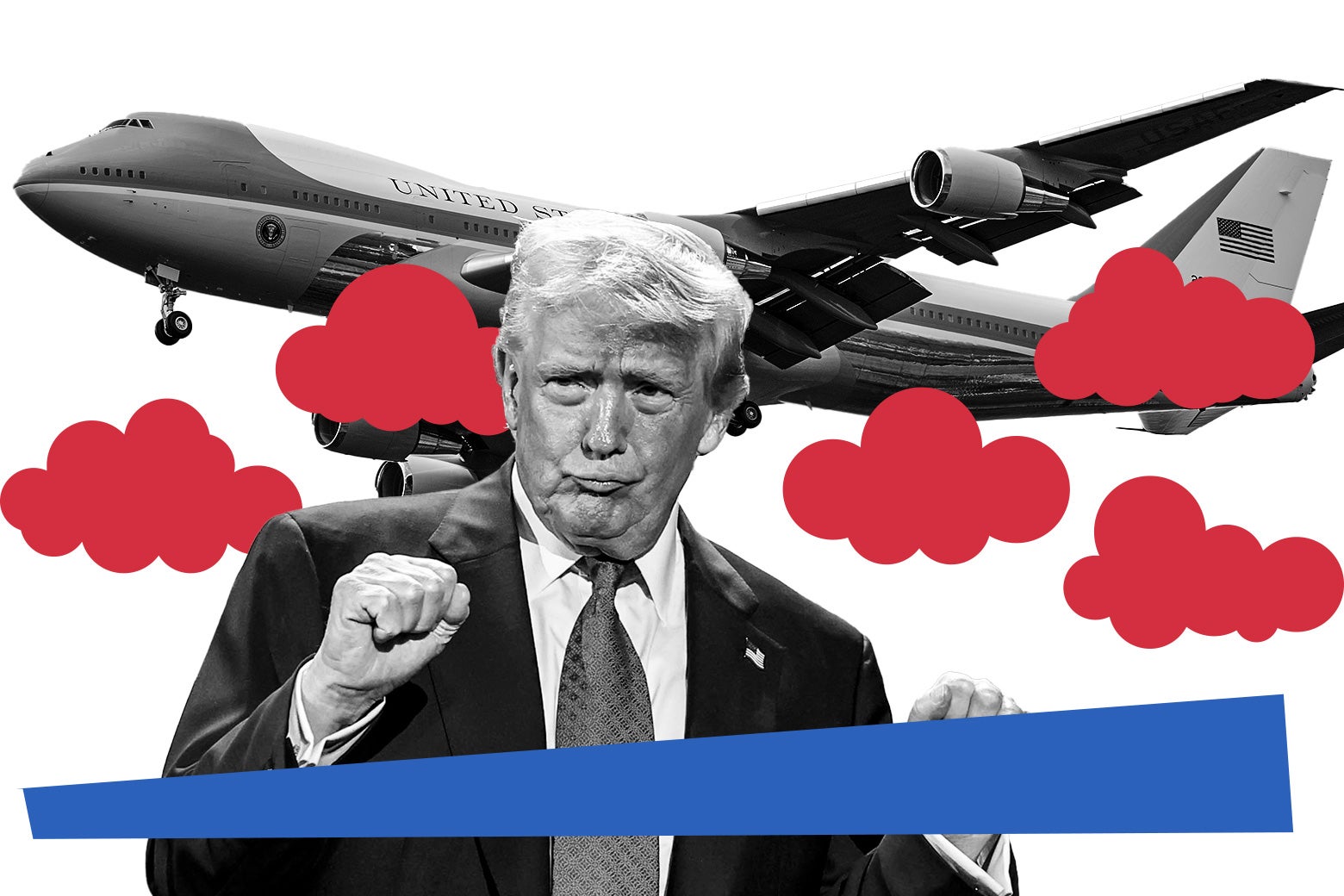 Ilustracja fotograficzna przedstawiająca Donalda Trumpa na tle samolotu Air Force One.