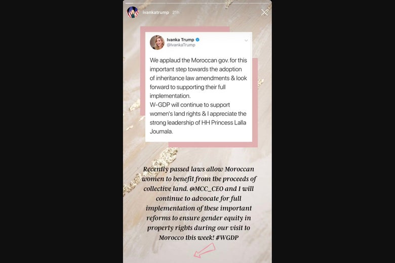 A screenshot of an Ivanka Instagram story with a soft pink, marbled background