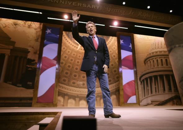 Sen. Rand Paul waves after addressing the Conservative Political Action Conference at the Gaylord International Hotel and Conference Center March 7, 2014, in National Harbor, Md.