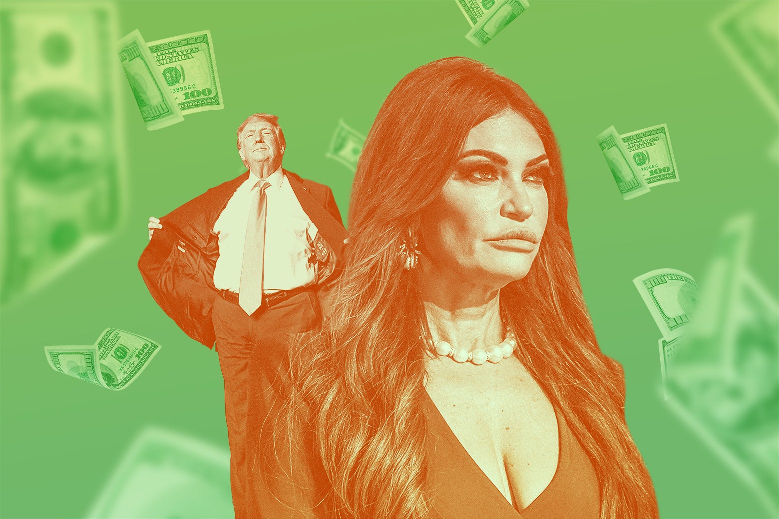 Kimberly Guilfoyle and Donald Trump, surrounded by money