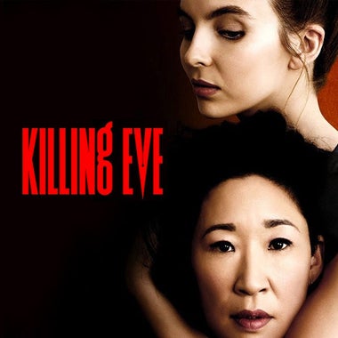 Title card for Killing Eve, featuring Sandra Oh and Jodie Comer.