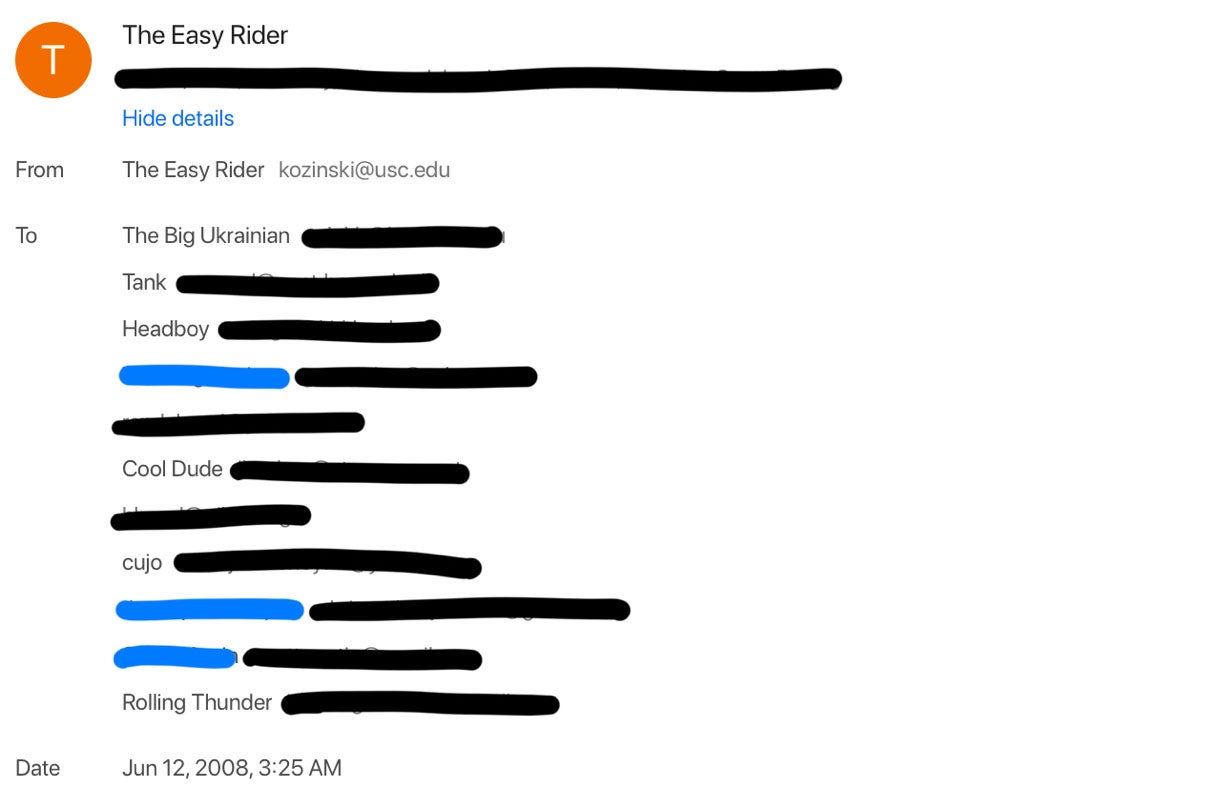 Meta-data featuring handles like Headboy, Cool Dude, and cujo, for an email sent to the Easy Rider Gag List.
