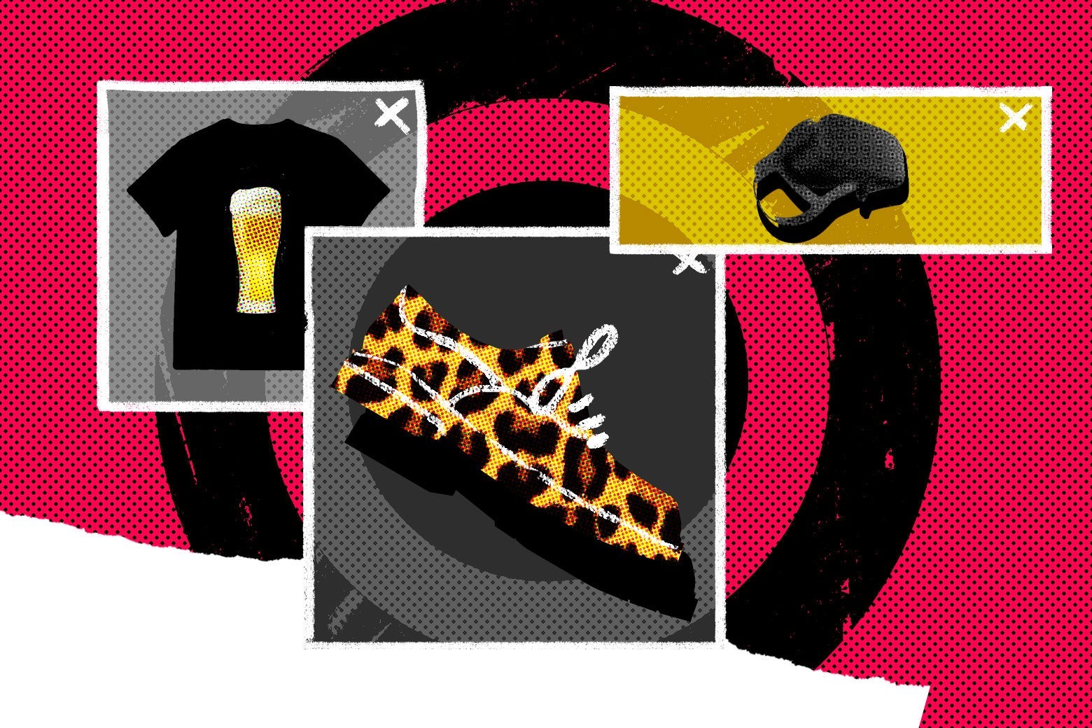 Photo illustration of pop-up ad images: a T-shirt with beer, leopard-print shoes, and a leash?