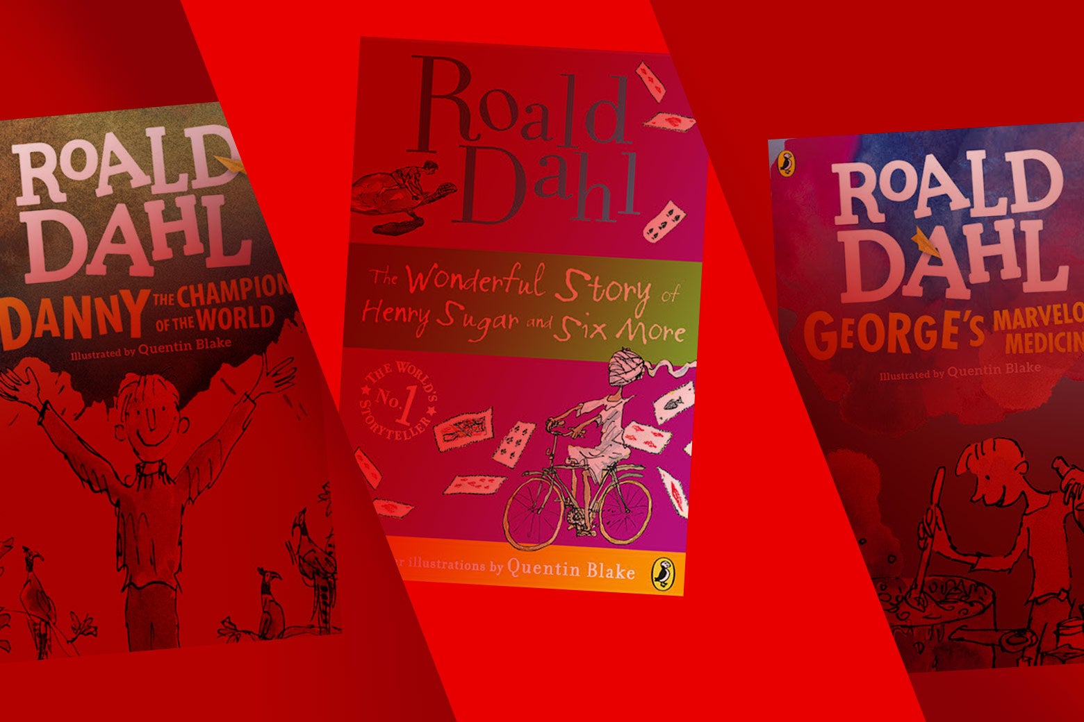 The book covers of Danny the Champion of the World, The Wonderful Story of Henry Sugar and Six More, and George's Marvelous Medicine. They are bathed in the red color of the Netflix logo.