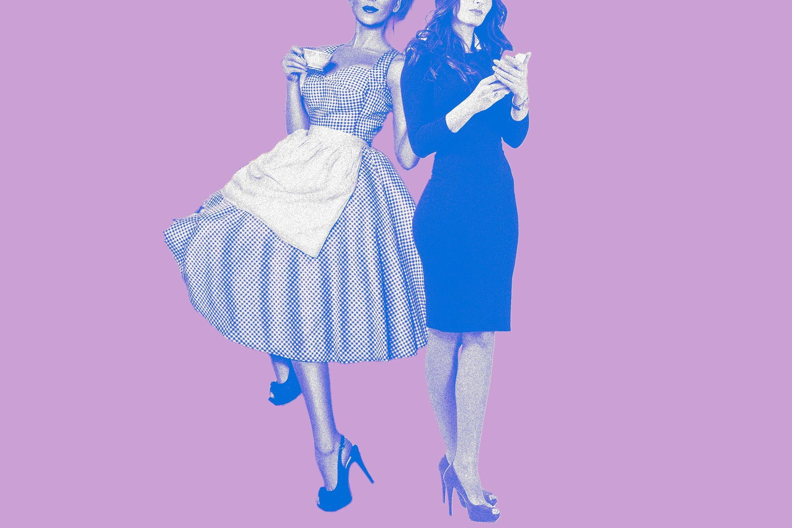 Cutouts of two women, with their faces cut off above their mouths, stand back to back against a pink background. The woman on the left is dressed in a traditional housewife outfit: dress, apron, high heels. The woman on the right is dressed in an office-appropriate dress and heels, and she's using her smartphone. 