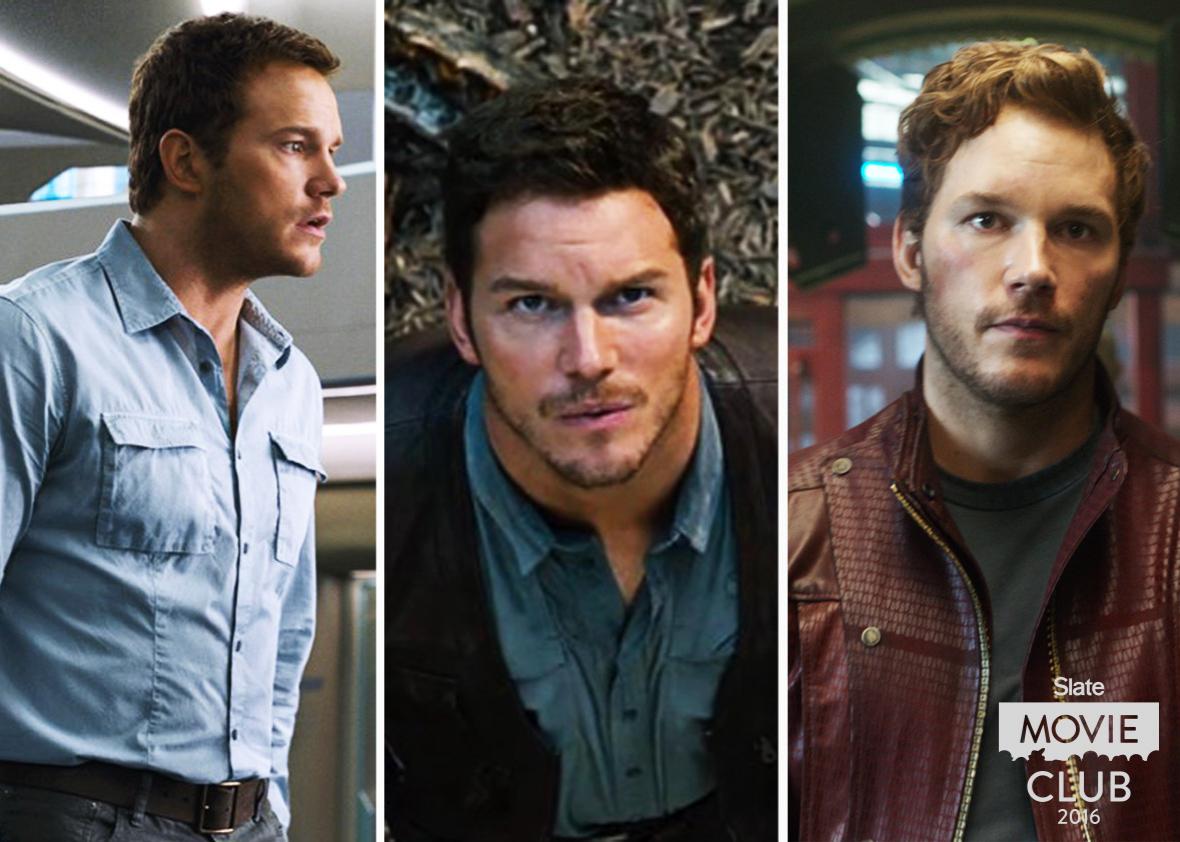 Collage of Chris Pratt in and Passengers, Jurassic World, and Guardians of the Galaxy.  