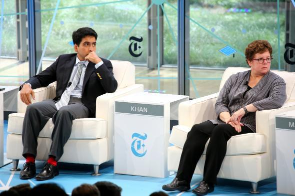 Khan Academy Founder Sal Khan and Amherst College President Biddy Martin speak during the New York Times' Schools For Tomorrow Conference on Sept. 17, 2013, in New York.
