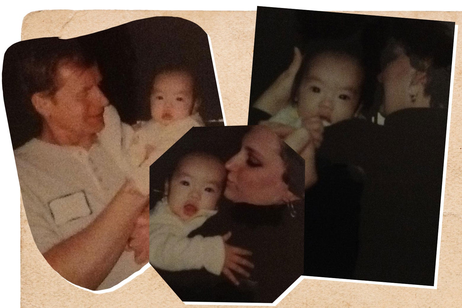 Three photos of the author with her parents as a baby on the day she was adopted.