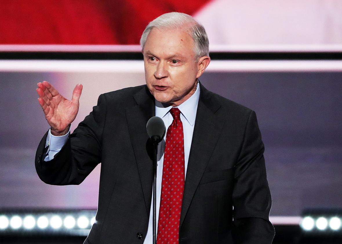 Sen. Jeff Sessions delivers a speech during the opening of the second day of the Republican National Convention on July 19, 2016 at the Quicken Loans Arena in Cleveland, Ohio. 