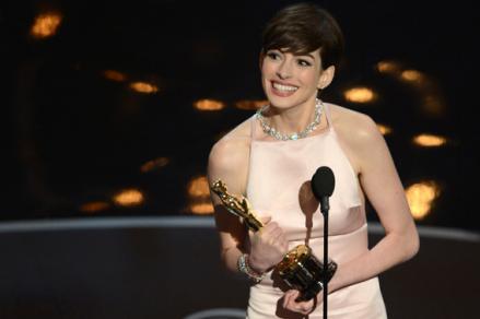 Best Supporting Actress winner Anne Hathaway addresses the audience onstage at the 85th Annual Academy Awards.