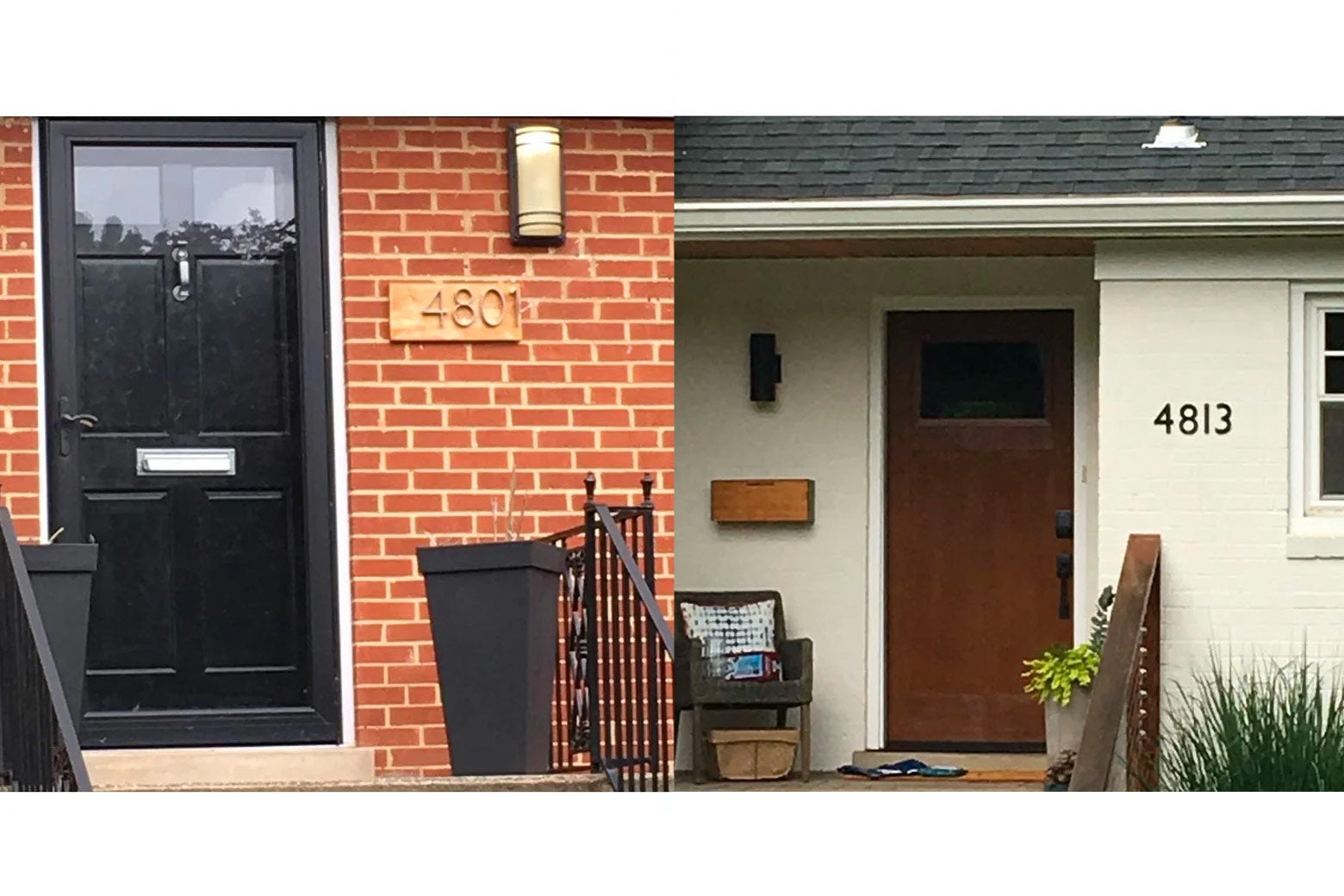 Modern address numbers on nearby ranch houses.
