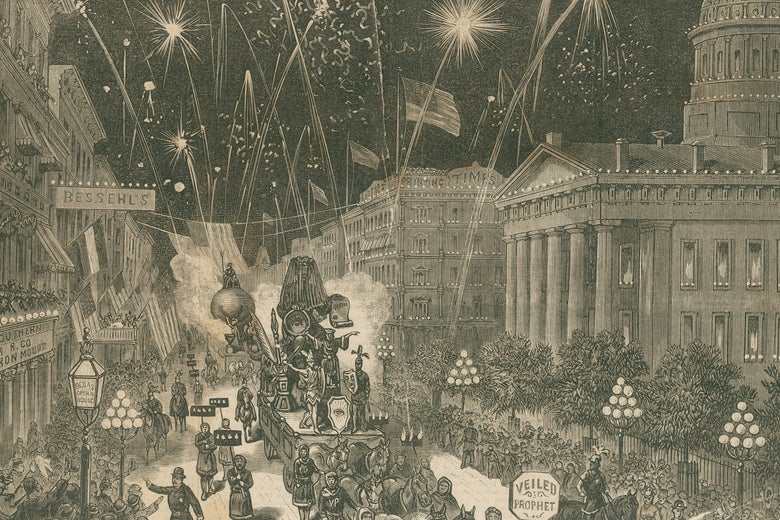 A historical drawing of the parade featuring floats and fireworks.